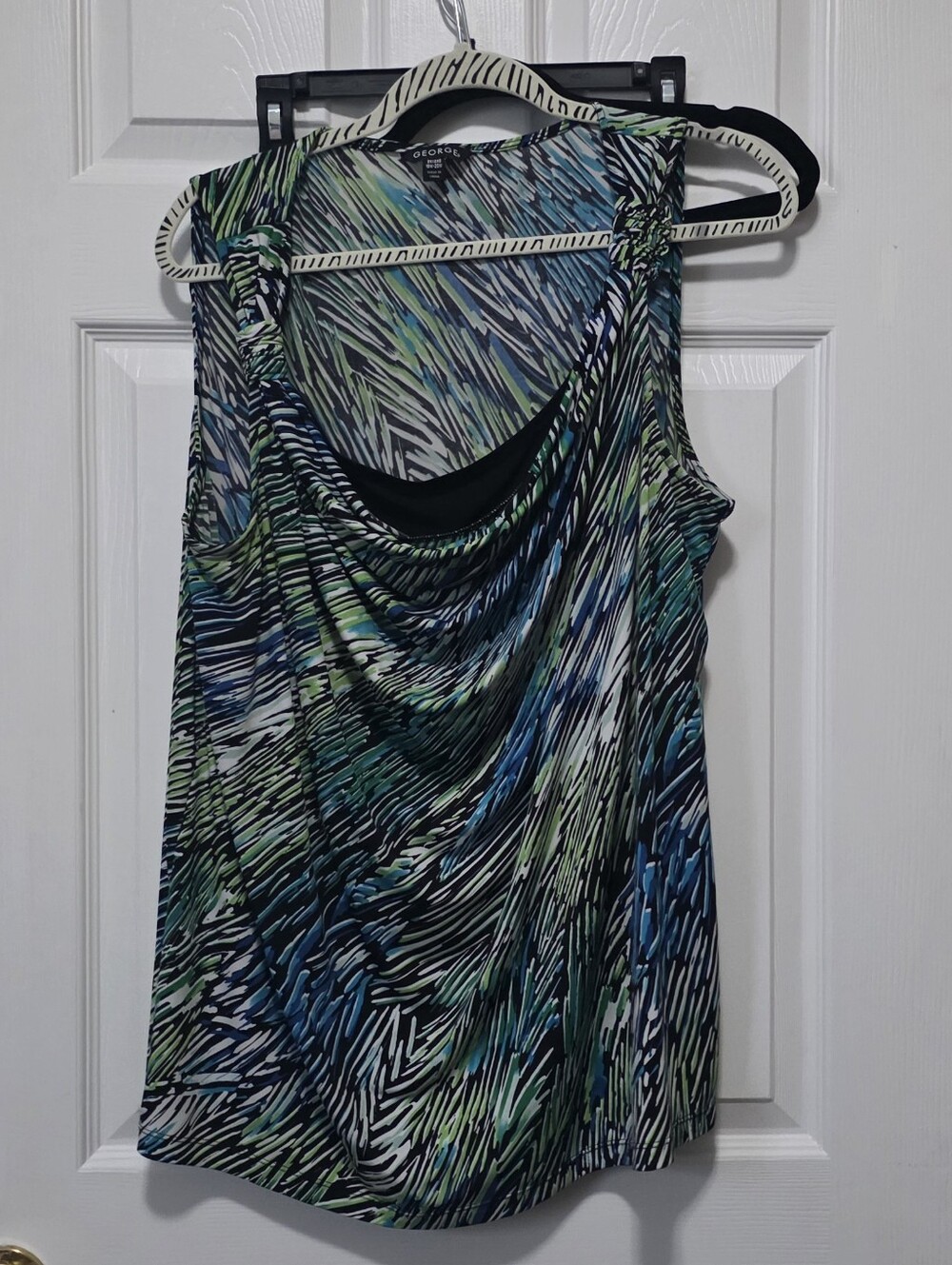 George Cowl Neck Tank in Blue, Green & Black Abstract Print